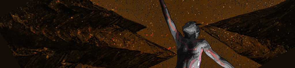 Reckoning 8 banner created from "Breaking Points" digital art by Martins Deep chosen for the cover of Issue 8. The banner is a close crop of a brown sky and mountains. a human leaping with one arm raised towards the sky.